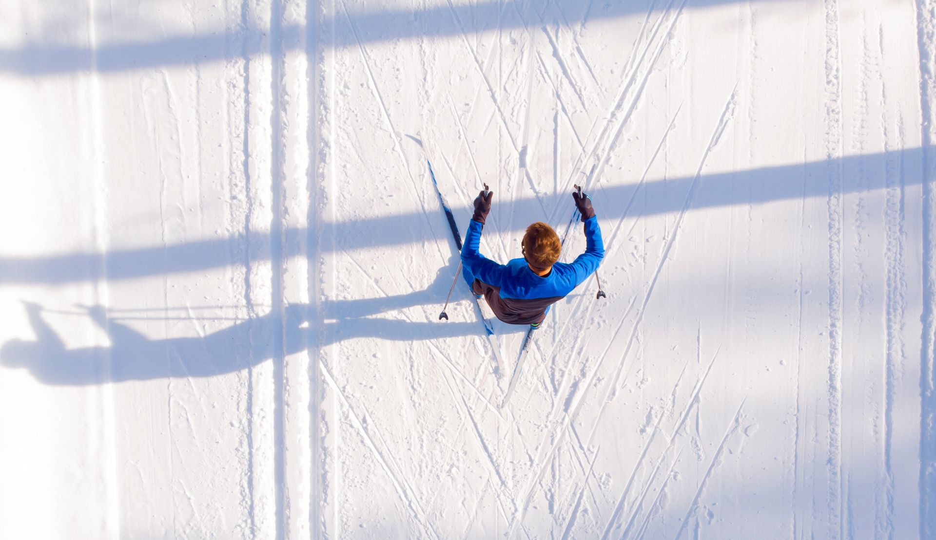 cross country skier in ariel view